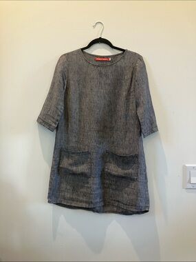 Casual Gray Linen-Blend Mini Dress with Front Pockets